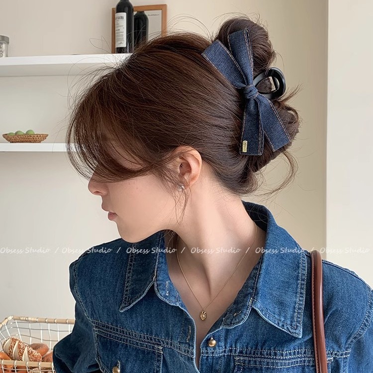 Korean-style fashionable denim bow clip 2025 new high-end hairpin, large shark clip headwear at the back of the head full figure