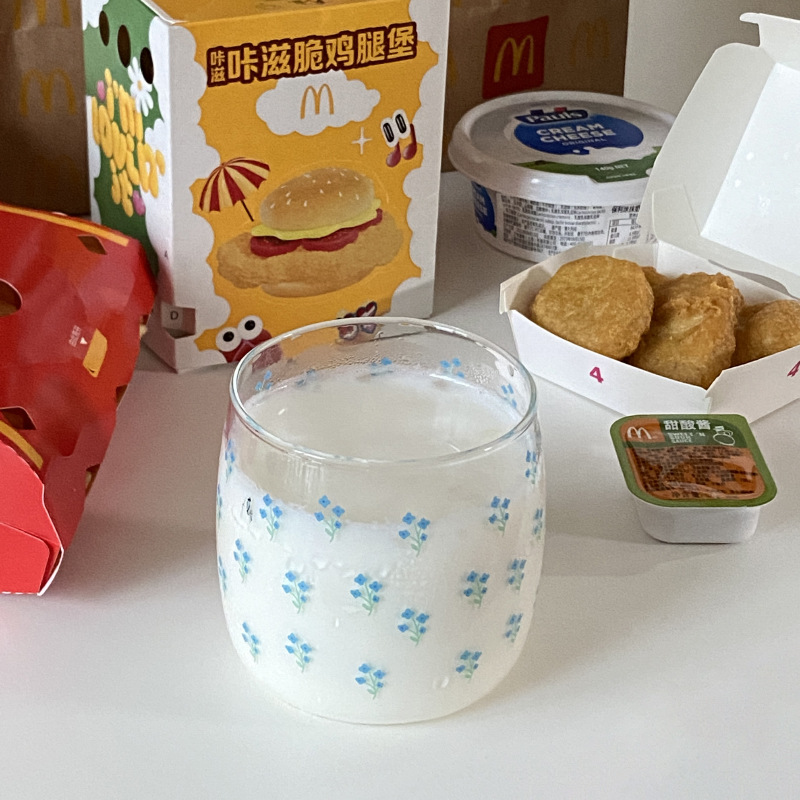 Fresh and clean ins ice blue small floral glass cup, niche retro flower high borosilicate milk cup, water cup, heat-resistant Specification drawing