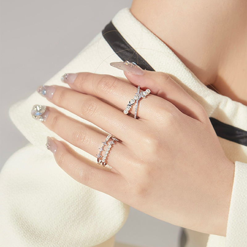 Exquisite diamond four-corner starlight pearl crossed double-layer open ring for women's Instagram personality gentle and elegant food ring Specification drawing