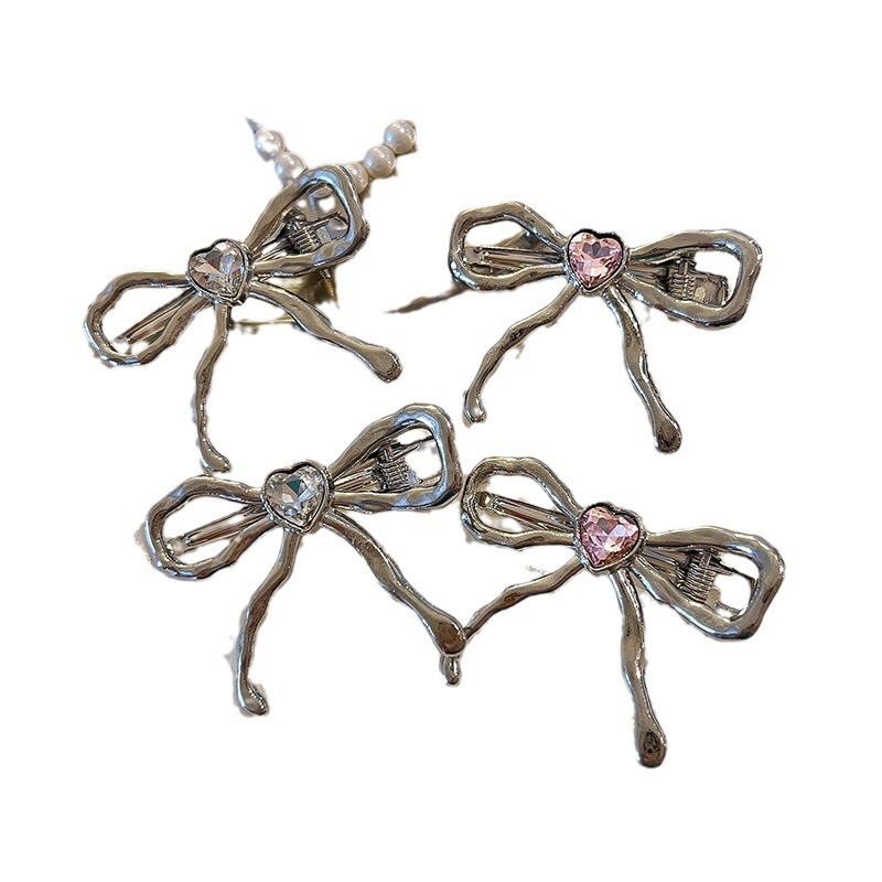 Miao's sweetheart ~ Silver water diamond bow hairpin design sense, liquid metal bangs clip, duckbill clip, side clip Item Picture
