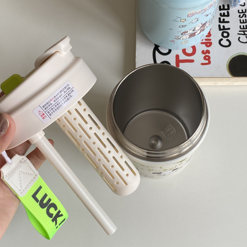 Cartoon 316 stainless steel insulated cup, cute puppy sealed straw cup, double-spout portable cup, tea and water separation Item Picture
