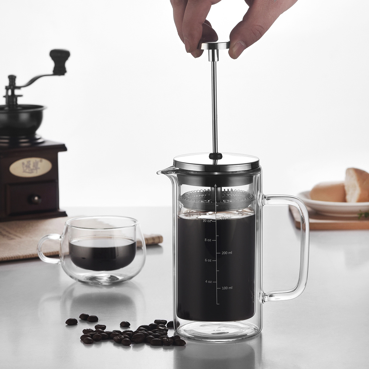 【 Customized LOGO】 Double-layer glass French press coffee maker with scale French coffee pot Specification drawing