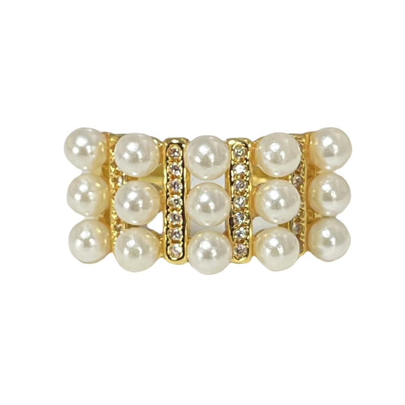 Korean-style light luxury and exquisite three-row pearl open ring, a woman's high-end, sweet and cool temperament, a niche and cold style food ring Item Picture