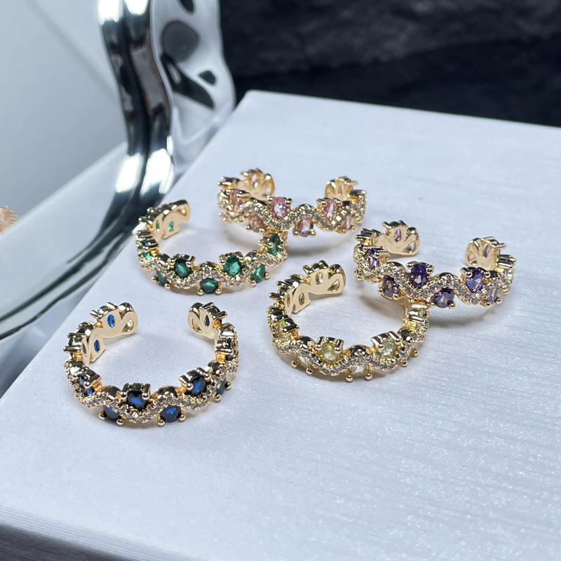 French retro fashion sweet and cool colorful diamond wave opening ring for women's ins, a niche design sense, exquisite and light luxury ring details Picture
