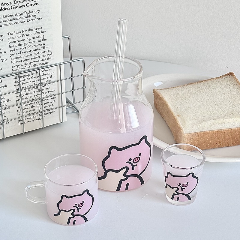 High-quality appearance level glass cup household female single drinking glass water set, five-flower pig mini water set, cold drink water set full figure