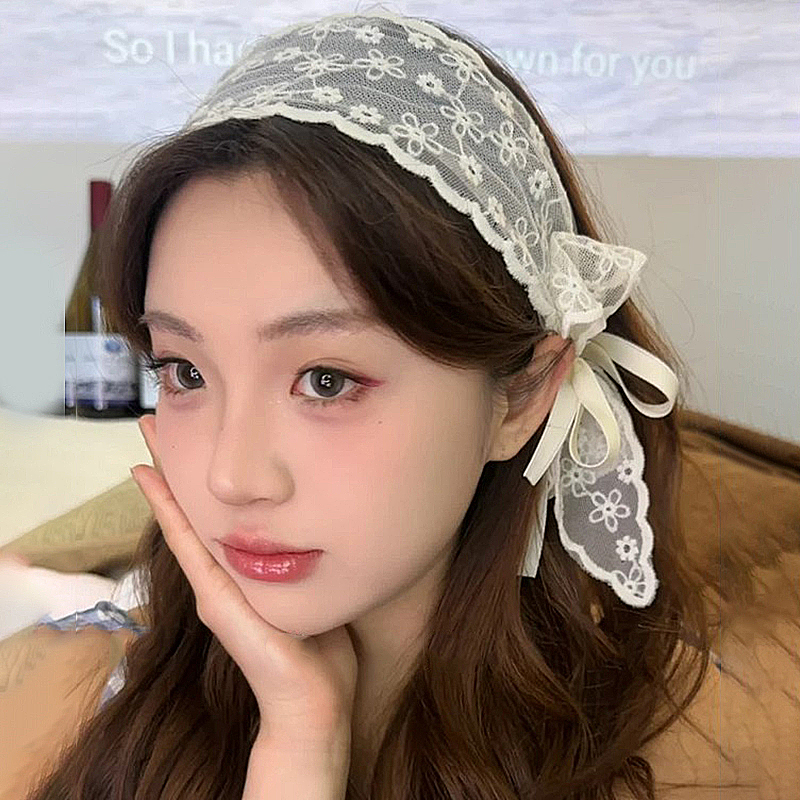 French mesh, bow, lace, wide-edge hair band, headband, women's country style, summer ribbon headwear, high-end hair accessory Specification drawing