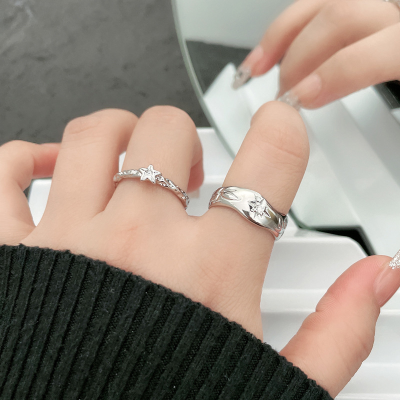 Couple plain circle star opening ring, women's light luxury high-end set ring, cold style, individual and simple index finger ring details Picture