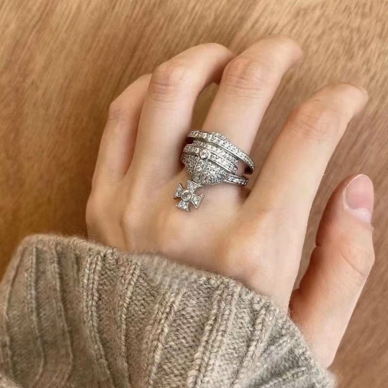 Saturn Full diamond French gentle open ring for women on Instagram, cold style planet, light luxury, elegant and versatile high-end ring full figure