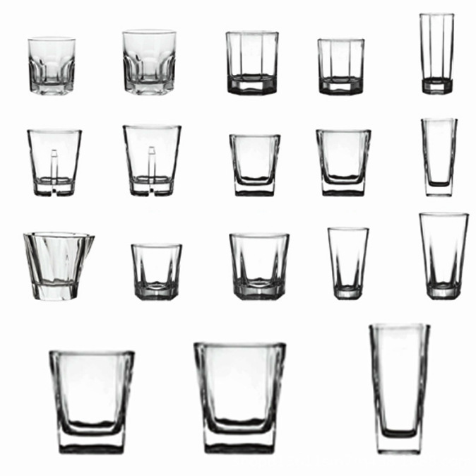 Langxu Glass offers wholesale of square and pentagonal cups, whisky cups, dining cups, thickened decals and baked flower cups Item Picture