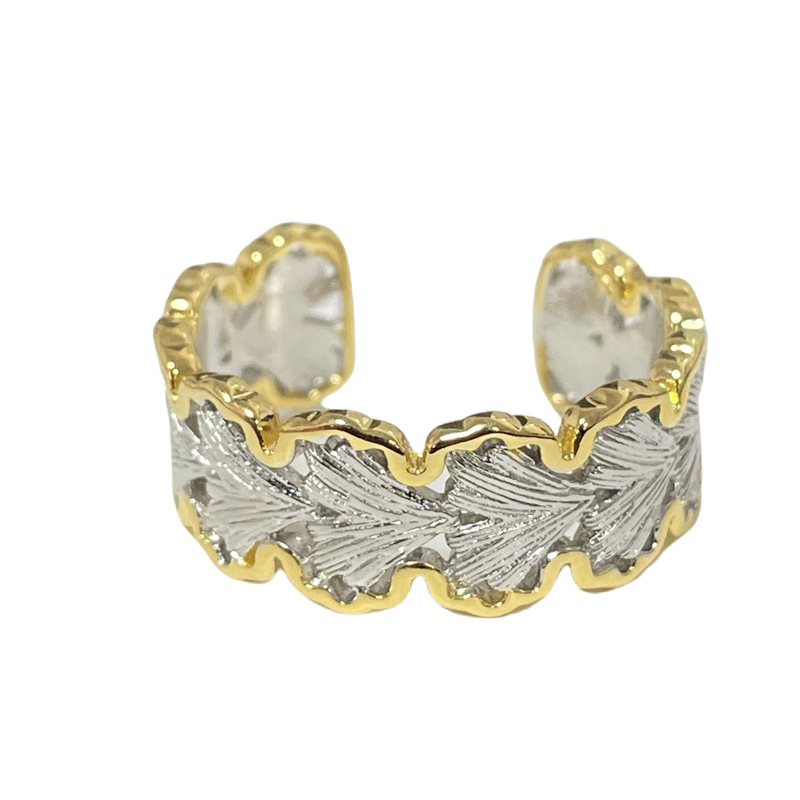 A mid-style Italian irregular brushed ginkgo leaf open ring for women's geometric retro, niche and cold style ring Item Picture