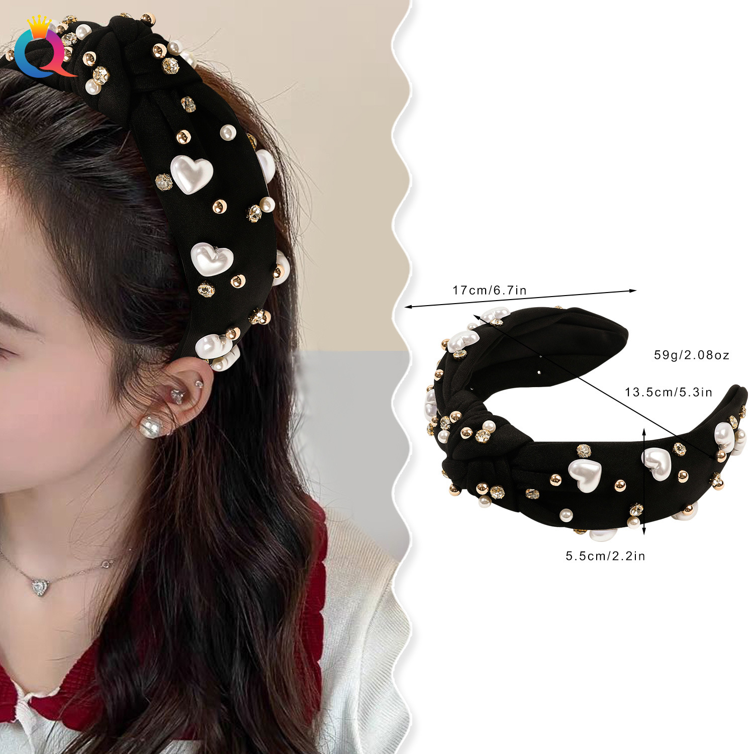 Qiyue Cross-border European and American style diamond-encrusted beaded wide-edge hair bands and hair accessories, high top of the head pressure hair face-washing headbands and headaccessories wholesale details Picture