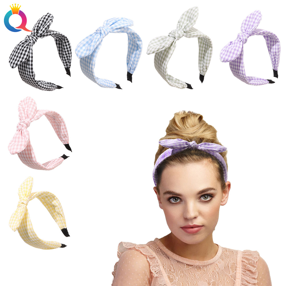Qiyue Cross-border Amazon hair band, simple rabbit ear checkered headband, female Internet celebrity tie-dye headband, hair accessory wholesale full figure