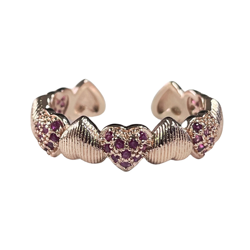 Sweet and cool retro brushed heart red diamond rose gold open ring, a unique and high-end women's light luxury versatile ring Item Picture