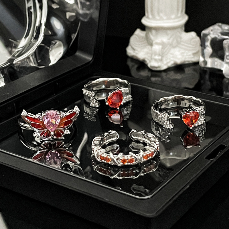 New Chinese-style red diamond open ring for women, sweet and cool style, ins cold style butterfly drip glaze style ring trend details Picture