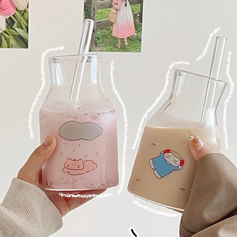 Customized ins blogger's same style of glass cups: simple cat juice cup, milk cup, coffee cup, cold brew glass bottle details Picture