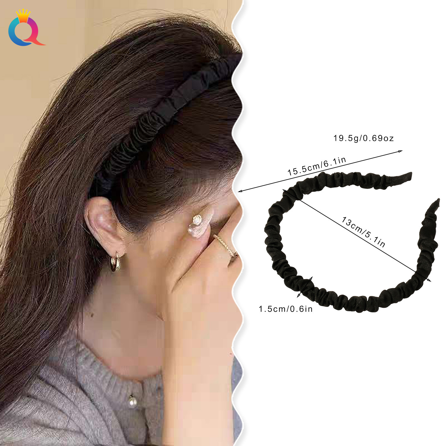 Qiyue Cross-border Large Intestine Hair Band, Forest-style pleated headband, Face-washing hair hole Hairpin, Elegant Hair accessory, High Women's Head Top Hair Bundle details Picture