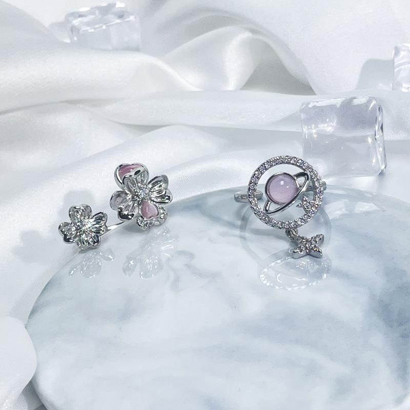 Sweet and cool style pink flower geometric planet open ring, feminine, niche design, high-end and cold style ring details Picture