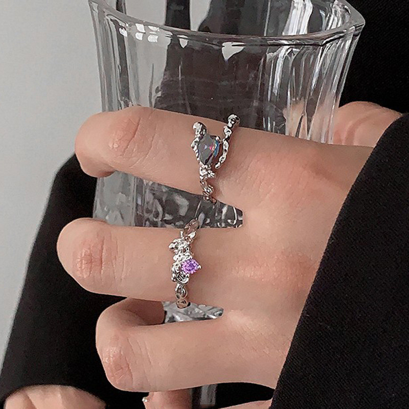 Irregularly texted zircon open ring, a unique index finger ring with a women's design sense, fashionable Instagram cold style ring full figure