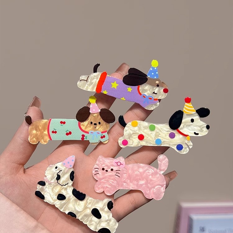Cute cartoon party dog, cat, hair clip, girl side broken hair, bangs clip, girl duckbill clip, headwear, hair clip Specification drawing