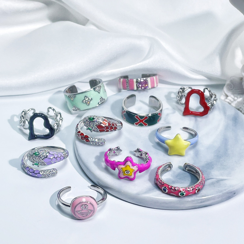 Sweet and cool colored drip glaze irregular heart, versatile open ring, fashionable and elegant for women, high-end and exquisite index finger ring full figure