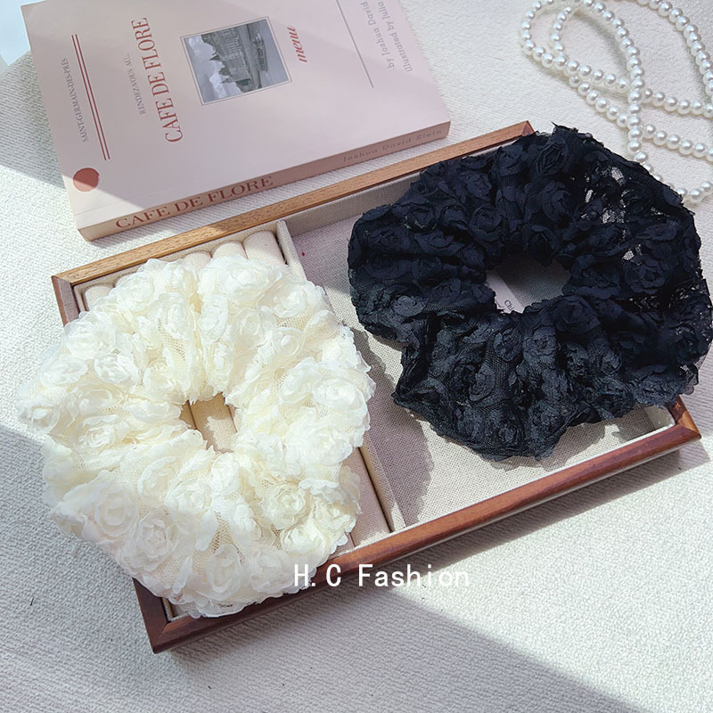 Korean-style white moonlight flower three-dimensional exquisite large intestine hair band, lace retro mesh hair rope, versatile bun hair accessory full figure