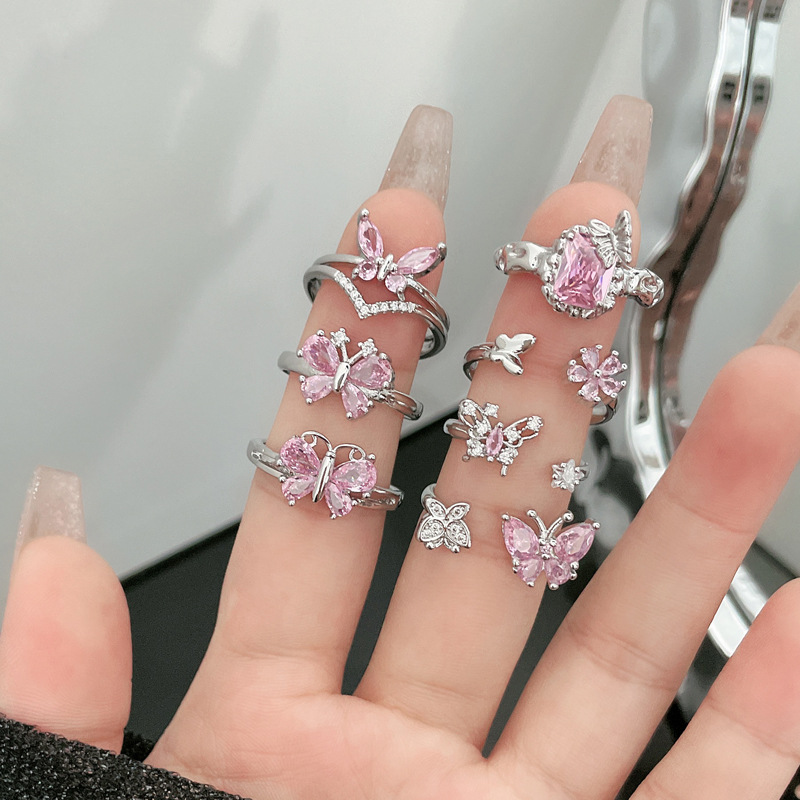 Sweet and cool, simple pink diamond butterfly opening ring, a niche design for women, exquisite and fashionable, individualistic ring for hot girls details Picture