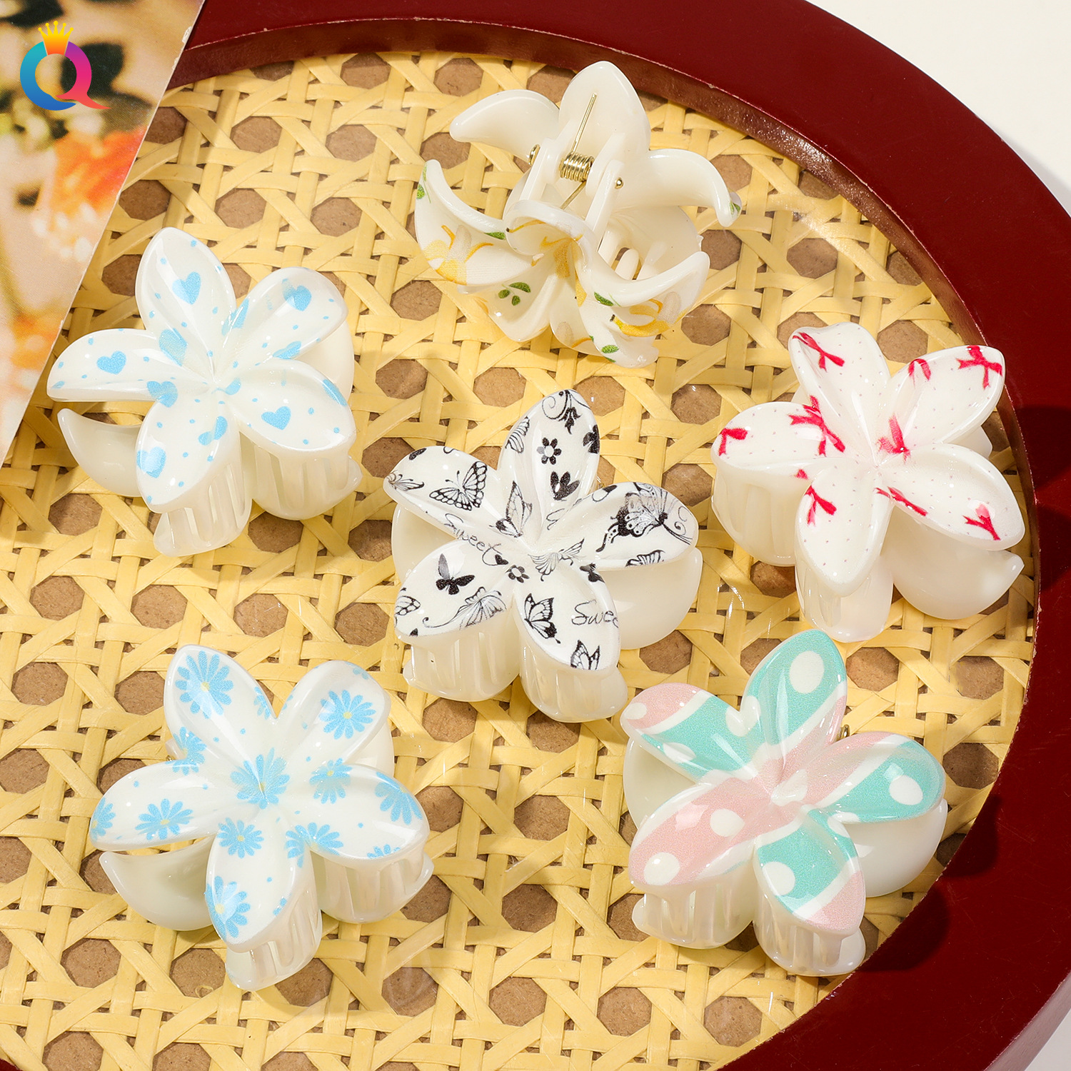 Qiyue Cross-border Small UV printed fresh and clean frellia flower clip, cute ponytail flower hair clip and hair accessory wholesale for women Application Scenario