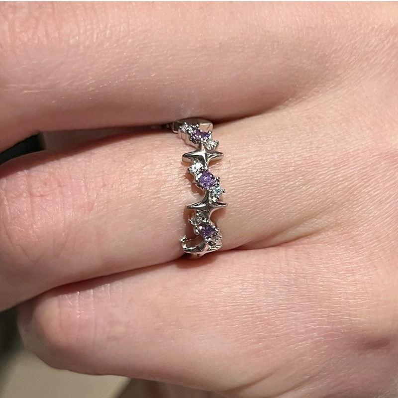 Simple and individual starlight purple diamond zircon open ring for women on Instagram, cold style, niche design, high-end food ring Specification drawing