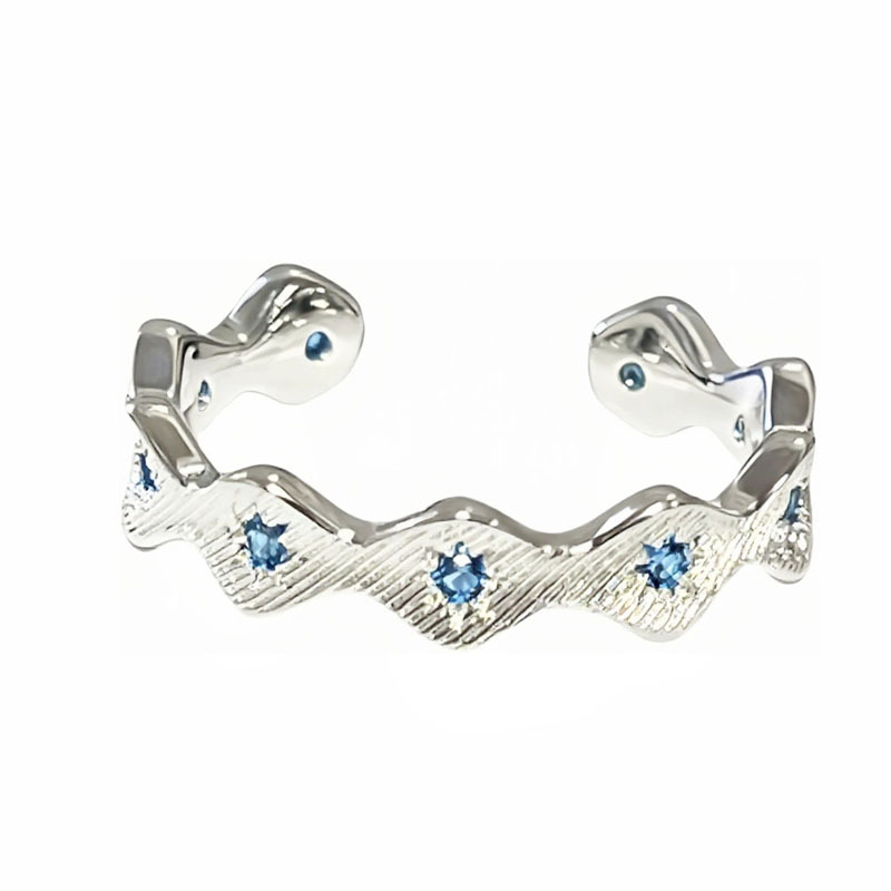 Retro brushed white, blue diamond wavy opening ring, a niche design for women, starlight light luxury, simple and versatile ring Item Picture