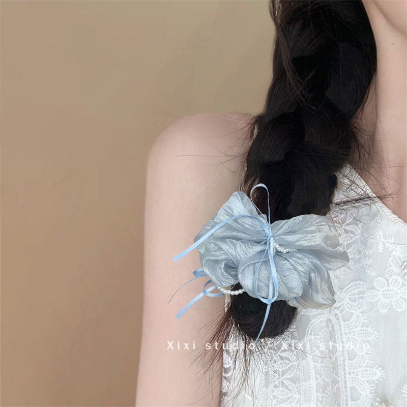 The serene starry sky! Blue butterfly pearl large intestine hair band! High-end satin hair tie ponytail updo for women details Picture