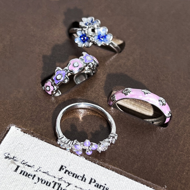 Korean sweet and cool flower pink and purple drip glaze fashionable open ring, a cold and elegant feminine style, a niche, exquisite and versatile ring full figure