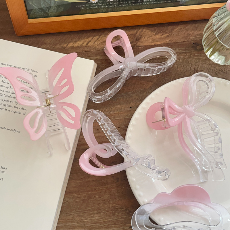 Super fairy-like transparent gradient pink grab clip, elegant bow hair clip, heart plate hair clip, shark clip at the back of the head, large size full figure