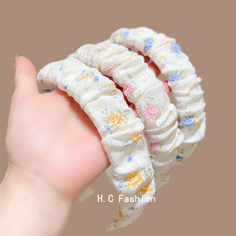 Japanese and Korean fresh and delicate floral hair accessories, ins fabric pleated headwear, wide-brimmed hair bands, elegant and creative accessories for women details Picture