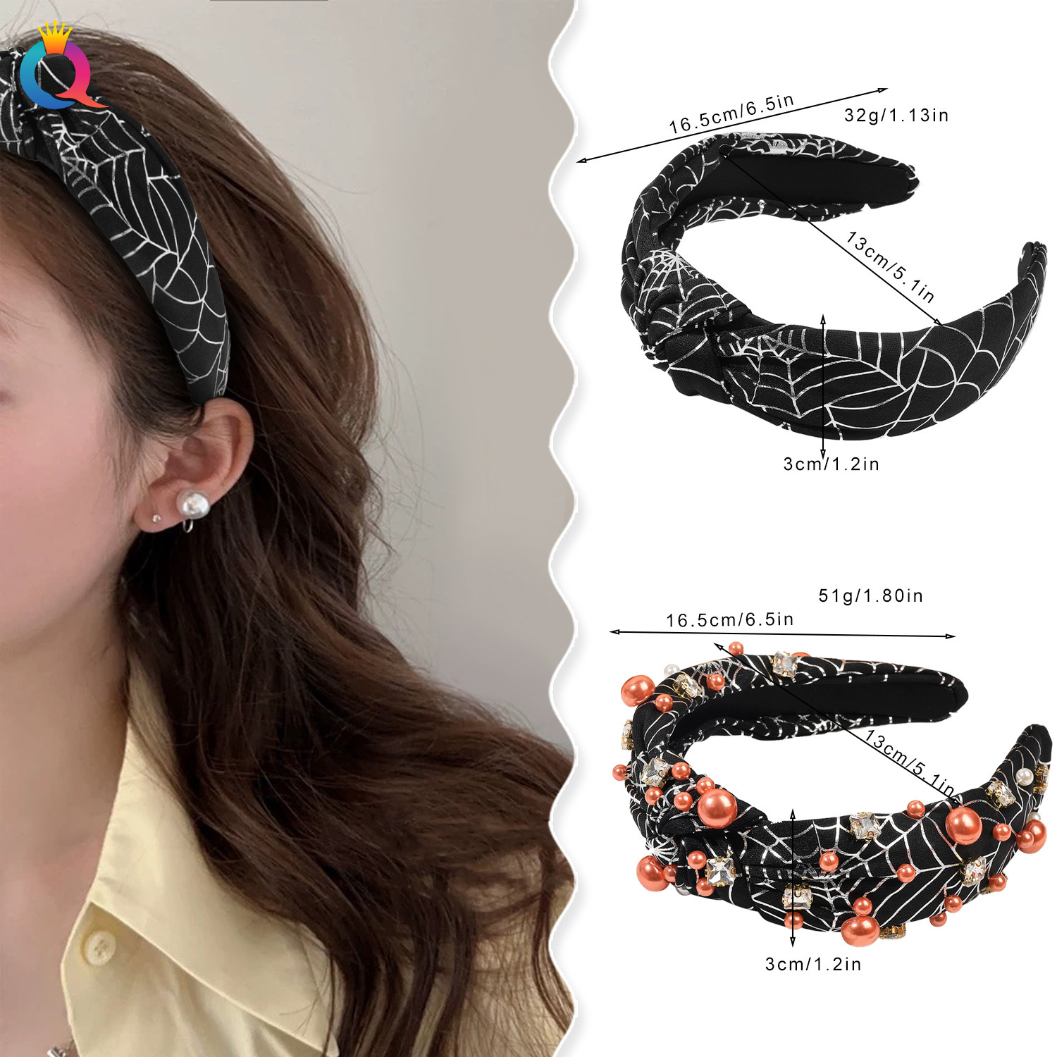 Qiyue Cross-border Halloween Hairband with diamond and pearl headband, Girls' High Hairpin on the top of the head, High-end hairpin and hair accessory wholesale details Picture
