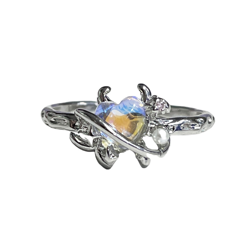 Light luxury and dazzling moonstone open ring, pink diamond heart, niche cold style, sweet and cool, exquisite and versatile food ring Item Picture