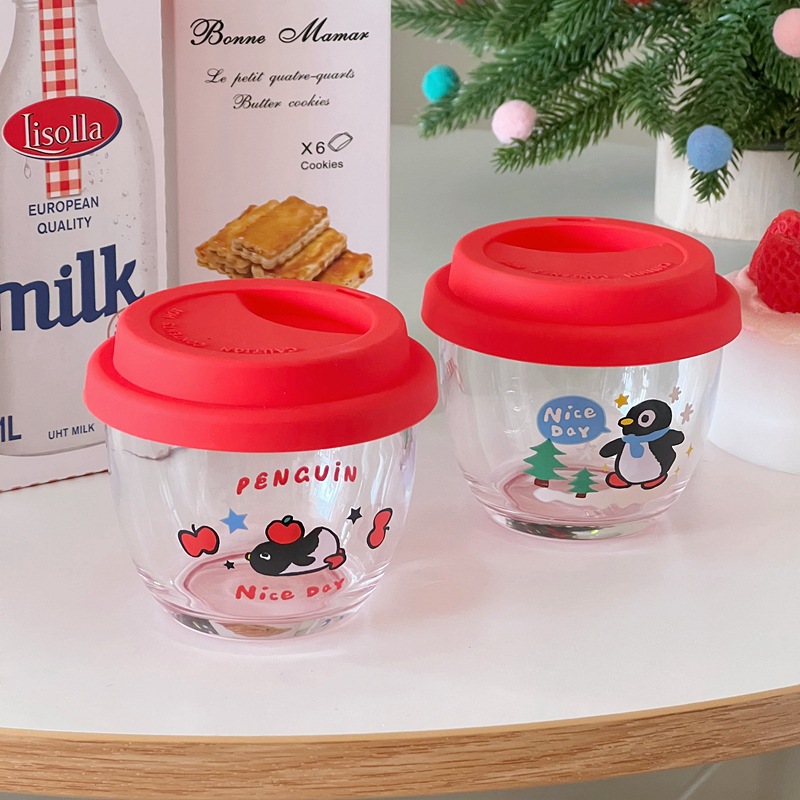 High appearance level glass cup, coffee cup, penguin water cup with lid, cold brew cup, cute and girlish glass cup for girls Application Scenario