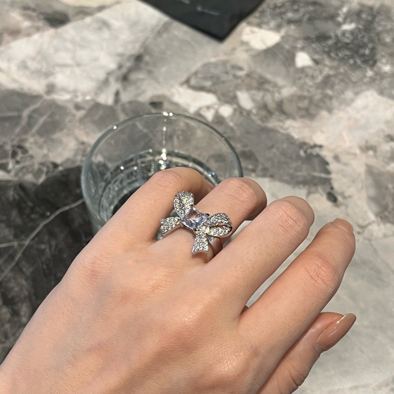 Sweet and cool bow, full diamond zirconia open ring, a niche design for women, with a cold style and a sense of high-end luxury Specification drawing