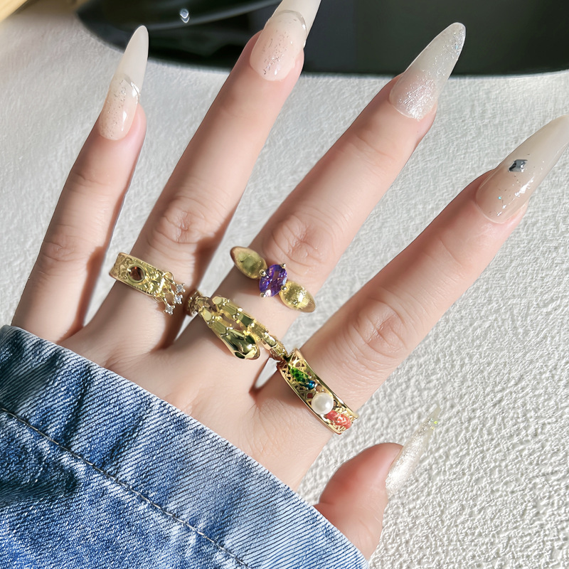 A new Chinese-style imperial brushed purple diamond open ring on Xiaohongshu, a sweet and cool, light luxury and trendy tail ring for women with dot diamond tassels Specification drawing