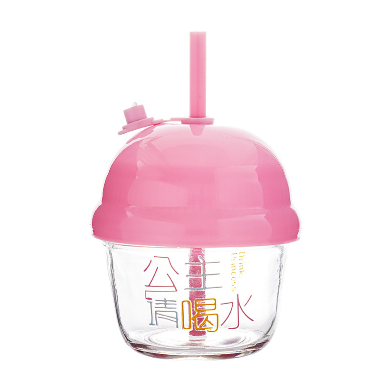 Mini glass Dwen Dwen cup, summer portable glass water cup for women, cute cartoon straw cup, student office cup Item Picture