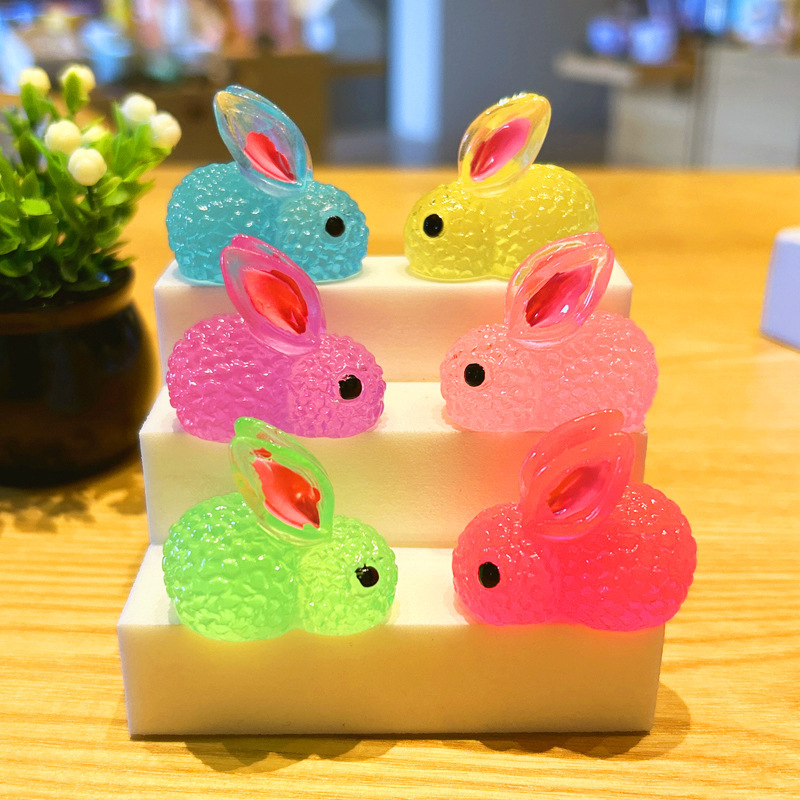 Rabbit small figurines, simulation creative micro-landscape resin accessories, luminous cartoon animal luminous decorative ornaments details Picture