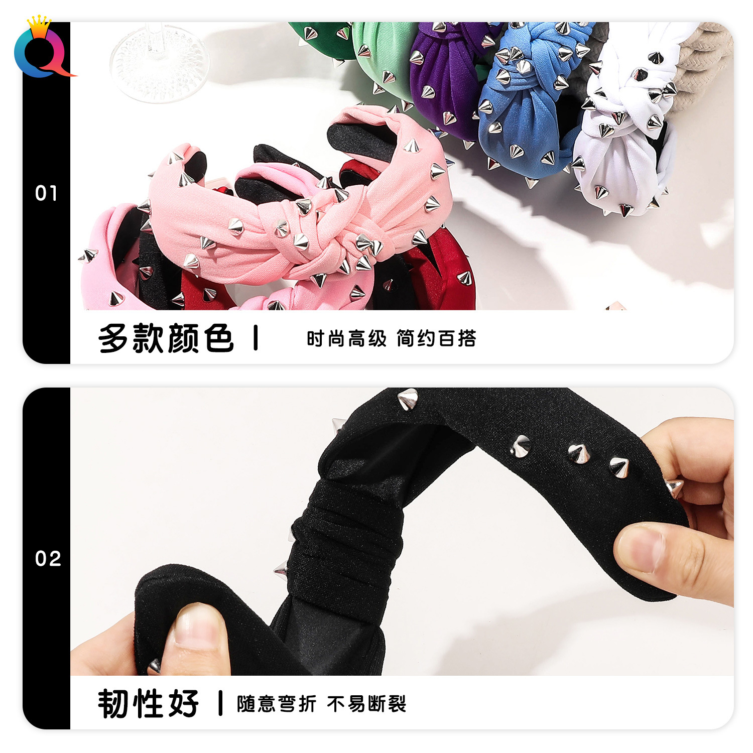Qiyue European and American hair bands, solid-color fabric knotted headbands, high top rivets, wide edge pressed hair, high-quality hair accessories wholesale Specification drawing