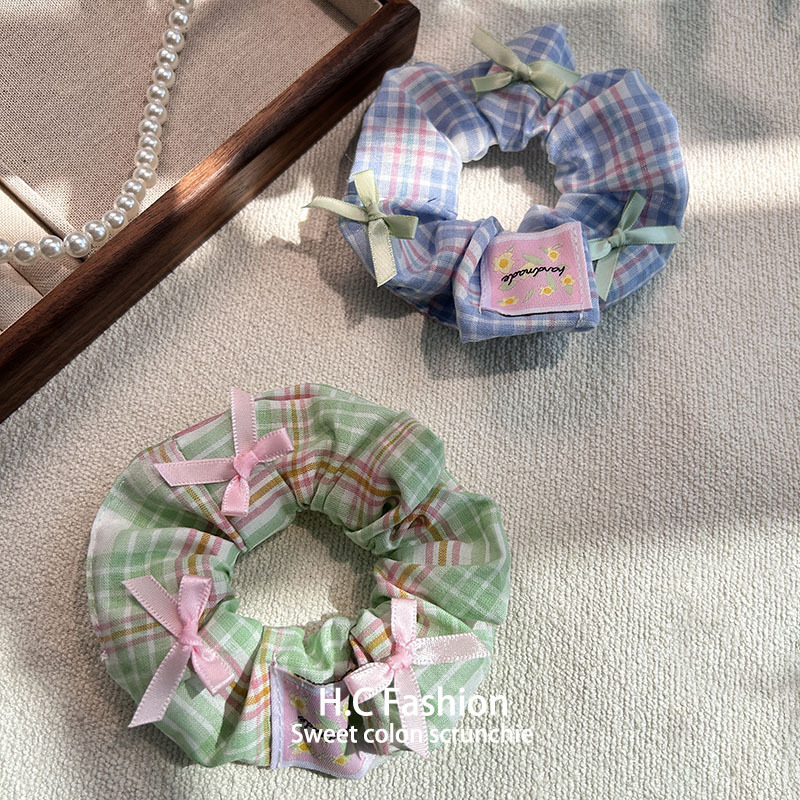 Summer Internet celebrity gentle Korean-style bow fabric large intestine circle check pattern elegant female hair band, ponytail hair tie hair accessory full figure