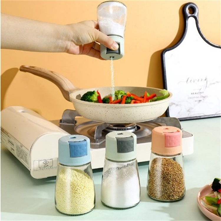 Kitchen glass seasoning and salt control bottle, press-type quantitative seasoning jar, sealed seasoning box, salt jar, monosodium glutamate seasoning jar full figure