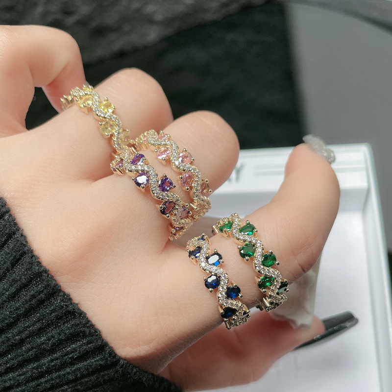 French retro fashion sweet and cool colorful diamond wave opening ring for women's ins, a niche design sense, exquisite and light luxury ring Specification drawing