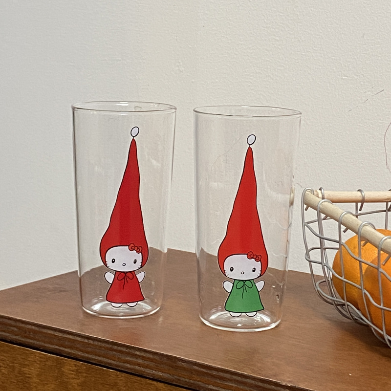 Creative cartoon hand-drawn kt cat high borosilicate glass cup, cute pointed hat, little cat water cup, juice cup, heat-resistant full figure