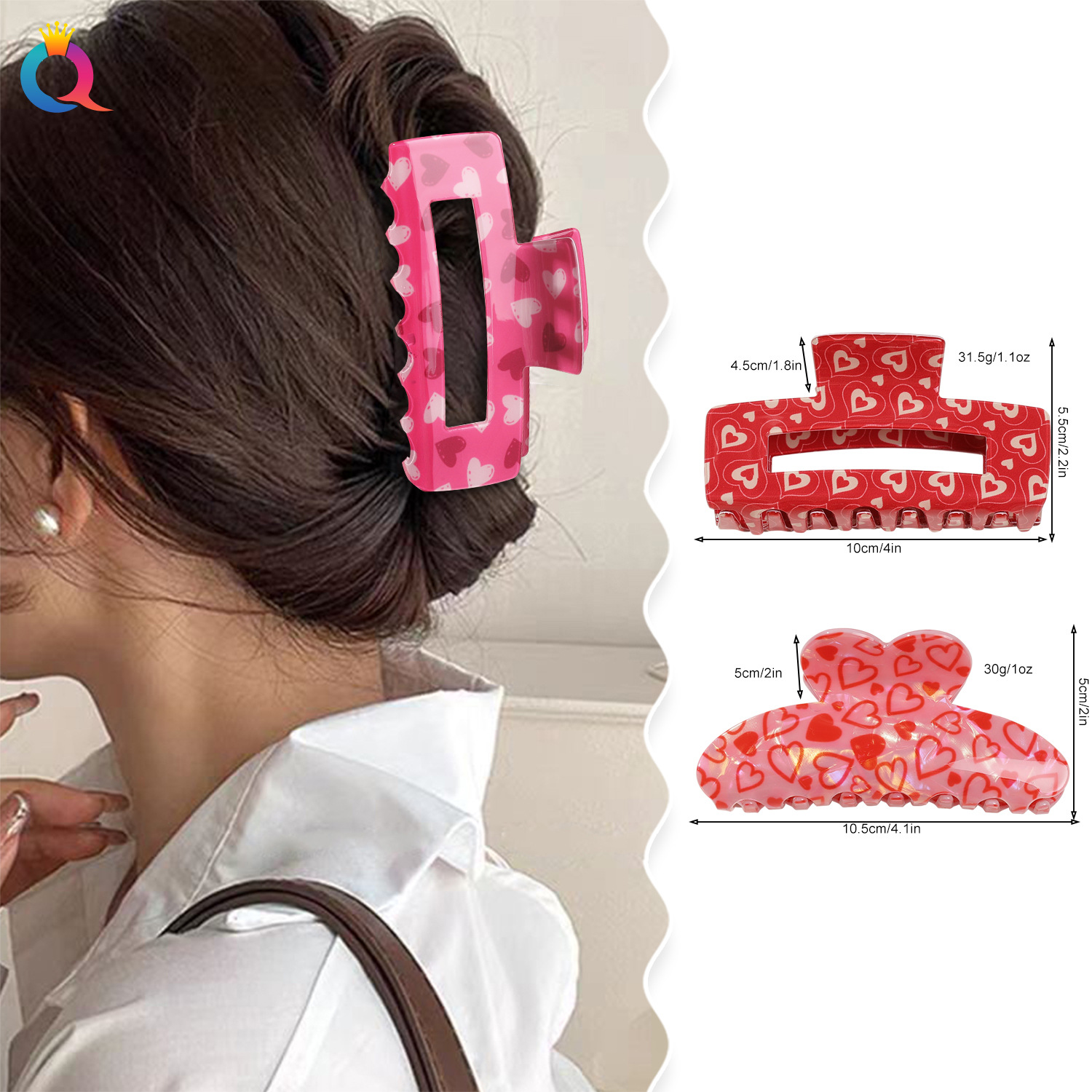 Qiyue Cross-border Acrylic Valentine's Day hair clips, Pink series heart-shaped hair clips, hair curls, hair grabbers, shark clips, hair accessories wholesale details Picture