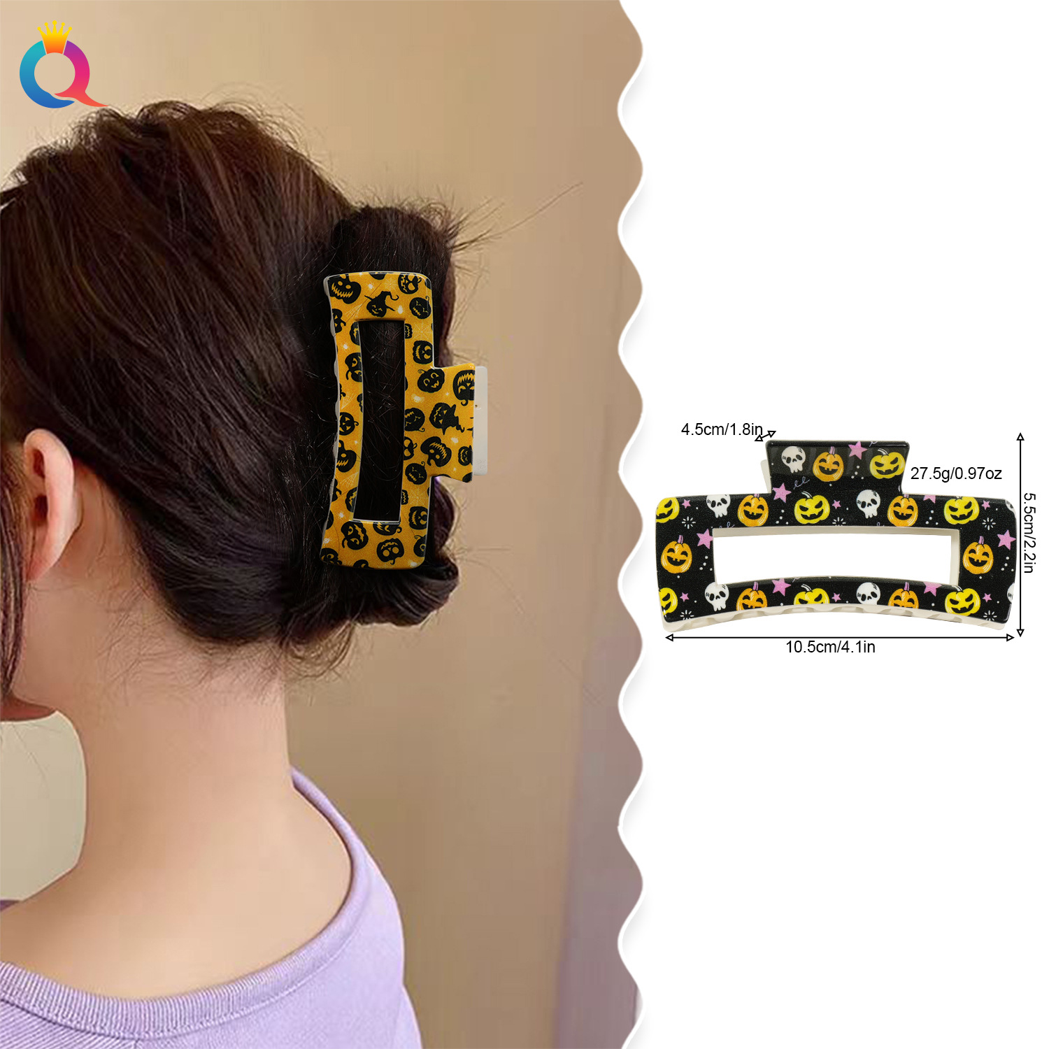 Qiyue's popular Halloween pumpkin head Bat Ghost 10.5CM UV printed hair clip shark clip headwear for women details Picture