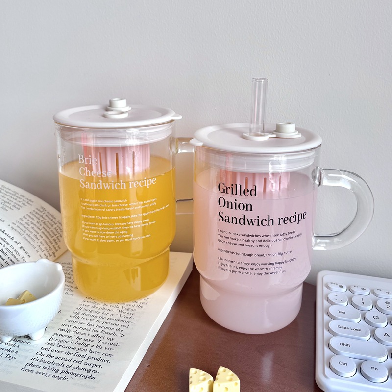 High appearance level straw glass water cup with lid, household with straw letter straw cup, high borosilicate heat-resistant cup for students Specification drawing