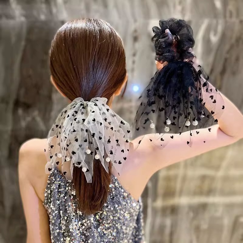 New women's lace black bow hair clip, pearl tassel hair tie, spring clip, high-end style hair clip and hair accessory Specification drawing