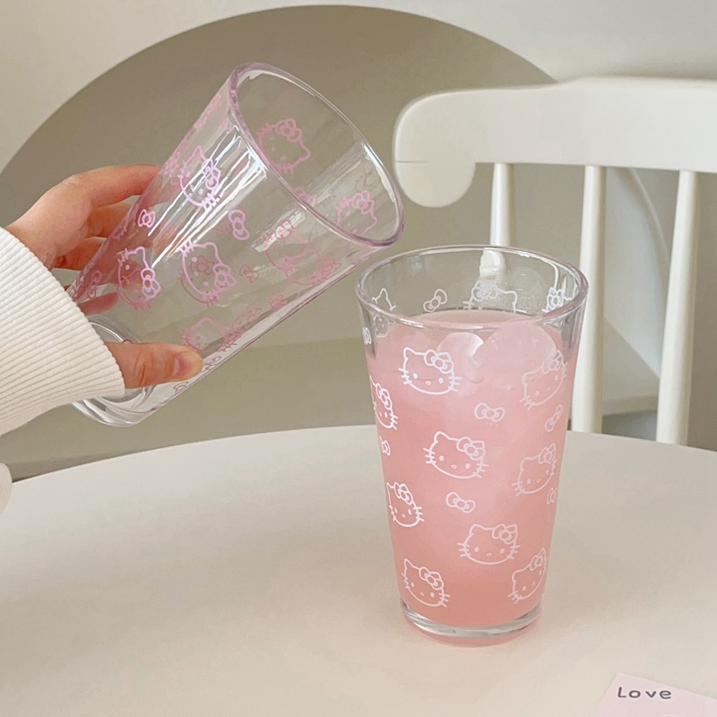 High-appearation-level large-capacity kt water cup, glass cup, hellokitty cup, girlish drinking cup, glass cup details Picture